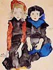 Egon Schiele Canvas Paintings - Two Little Girls